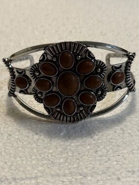 Brown Stone Silver-Tone Floral Cuff Bracelet